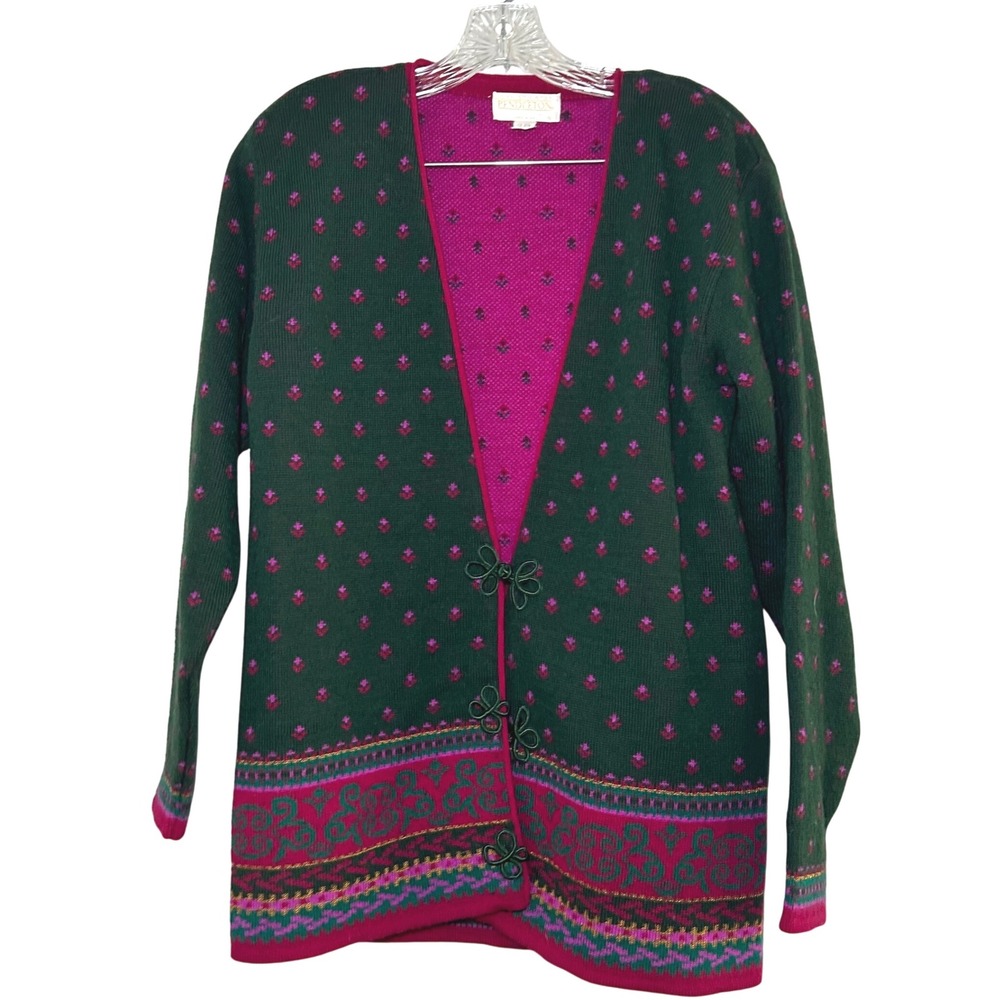 Vintage Pendleton Sophisticates Wool Cardigan Floral Green Pink Small 90s winter
